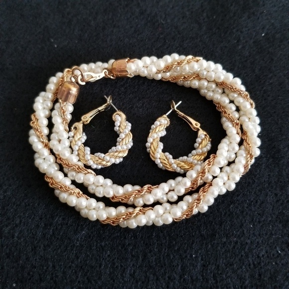 Faux Pearl Goldtone Braided Necklace and Earrings - Picture 5 of 5